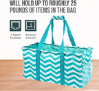 Extra Large Utility Tote Bag - Oversized Collapsible Reusable Wire Frame Rectangular Canvas Basket With Two Exterior Pockets For Beach, Pool, Laundry, Car Trunk, Storage - Chevron Teal