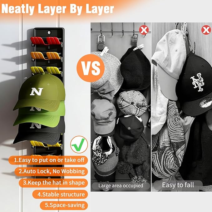 Hat Organizer for Baseball Caps 2 Pack, Wall Mounted Hat Rack Holds Up to 20 Hats, Cap Holder Display for Door & Closet, Hat 
