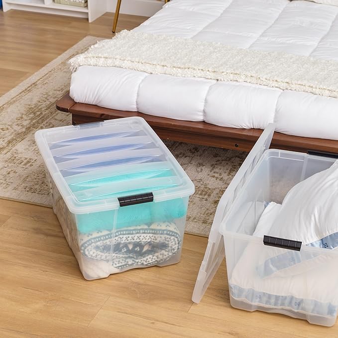 IRIS USA 94 Qt Stackable Plastic Storage Bins with Lids, 4 Pack - BPA-Free, Made in USA - See-Through Organizing Solution, La