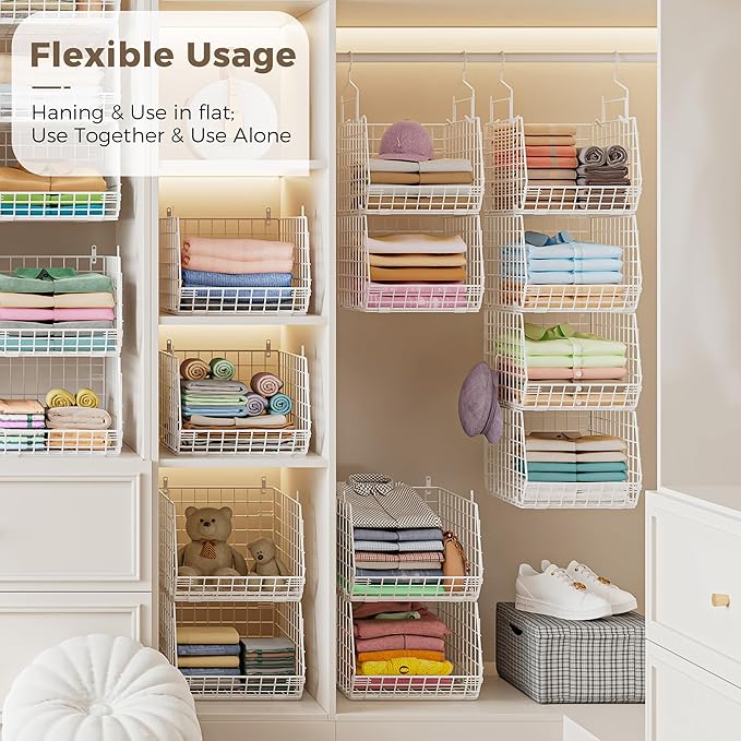4" Extra Deeper Foldable Hanging Closet Organizer, Small Wire Cabinet Shelves and Storage with 5 S Hooks,4 Tier Metal Basket 