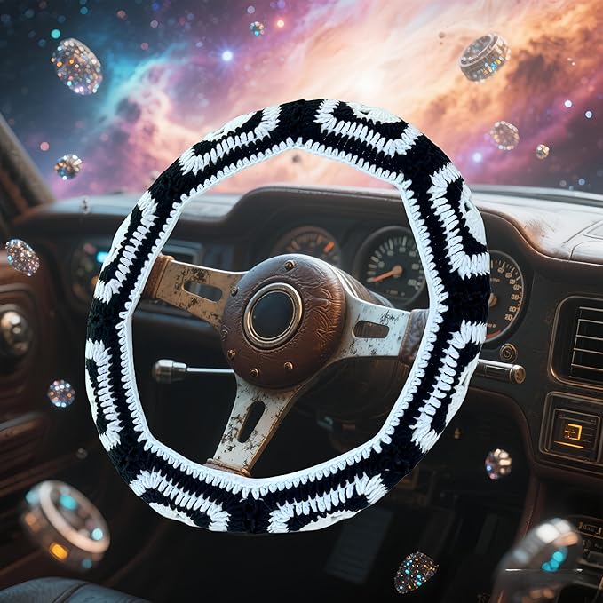 Crochet Steering Wheel Cover,Handmade Rock and Roll Skull Steering Wheel Cover, Skull Wheel Covers Cool Girl & Men, Skeleton Wheel Covers 14-15 in (A Wheel Cover)