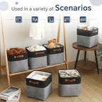 FinishingBo Cube Storage Baskets 6 Pack, 11x11 inch Cube Storage Bins with Leather Handles for Shelf Closet (Black/ Gray)
