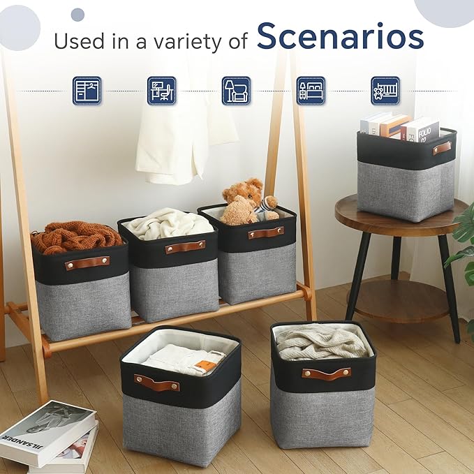 FinishingBo Cube Storage Baskets 6 Pack, 11x11 inch Cube Storage Bins with Leather Handles for Shelf Closet (Black/ Gray)
