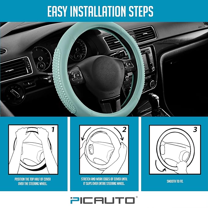 PIC AUTO Steering Wheel Cover, Glitter Gel Particles & Mint Luxury Leather Car Steering Cover, Universal Fit 14.5"-15.5" Anti
