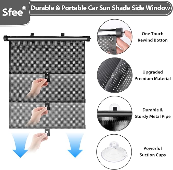Sfee Car Window Shades for Baby-2 Pack Retractable Side Window Car Sun Shade Blocks UV Rays & Heat for Sun Protection Roller Sunshade Visor Window Shade for Kids,Passengers,Pets (20''x22'')