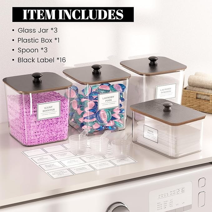 Laundry Pods Storage Container, Clear Laundry Room Organization and Storage,Detergent Powder Container,with Wooden Lids & Lab
