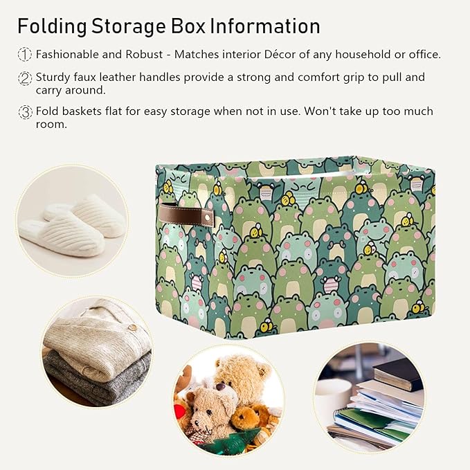 xigua Kawaii Frogs Storage Basket Collapsible Storage Bins Waterproof Canvas Storage Basket with Leather Handles for Home Clo