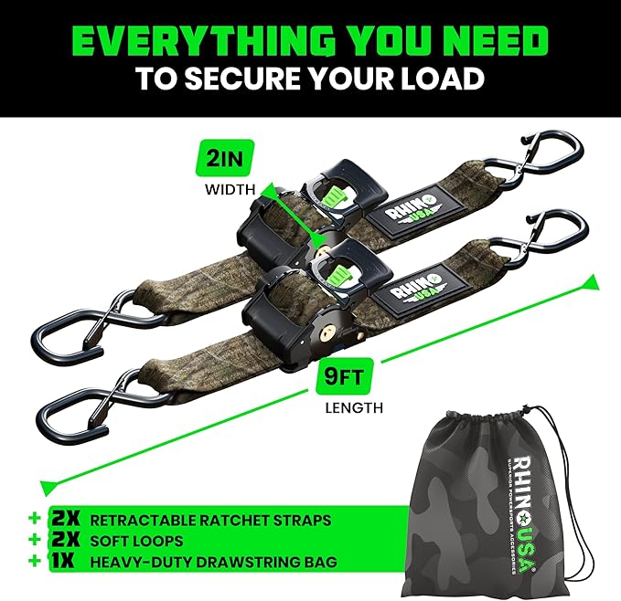Rhino USA x Realtree Retractable Ratchet Straps (2PK) 2"x 9' (1,209lb Break Strength)- Heavy Duty Auto Self Retracting Tie Down Straps for Truck, Cargo Trailer, Motorcycle, ATV, UTV- Realtree APX Camo
