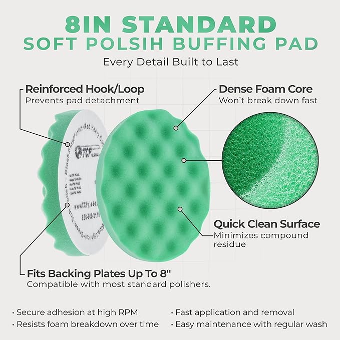 TCP Global 8" Green Waffle Foam Buffing Pad Hook and Loop Backing - Final Cut Pad for Polishing, Automotive, Marine, Truck, RV & Compound Cutting, Car Polishing Pads