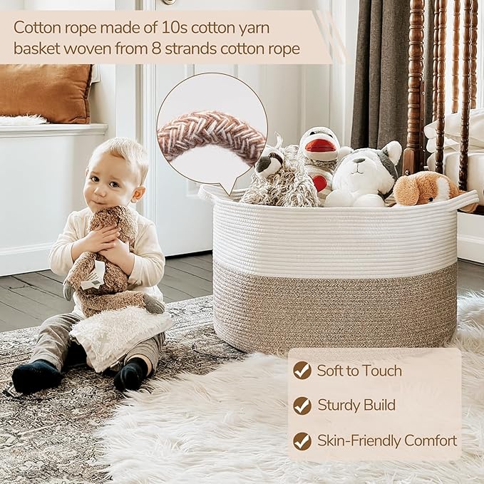 INDRESSME Large Laundry Basket, 21.7'' x 13.8'' Cotton Rope Blanket Basket Living Room Toy Baskets Storage Kids, Woven Basket