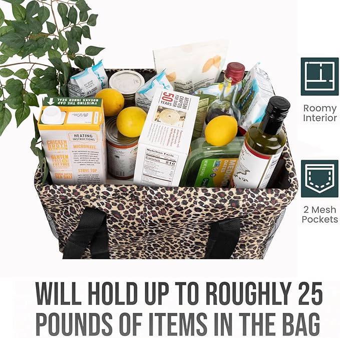 Extra Large Utility Tote Bag - Oversized Collapsible Tote with Wire Frame, Durable Reusable for Beach, Groceries, Laundry, Car Trunk, Storage and Travel - Includes 5x7 Bag with Hook - Leopard