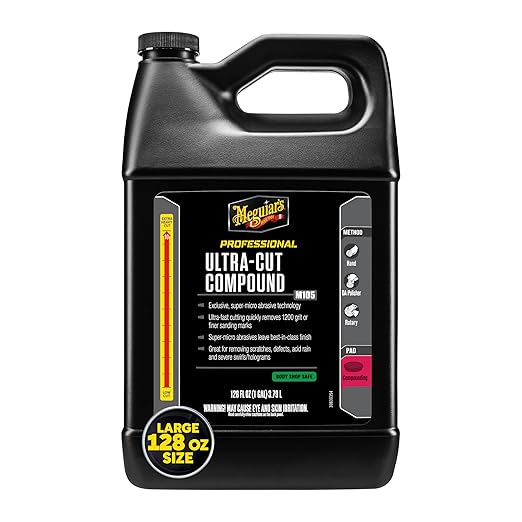 Meguiar's Mirror Glaze M105 Ultra-Cut Compound, Car Rubbing Compound for Removing Scratches and Heavy Swirls While Adding Shine, Safe and Effective on All Glossy Car Paint and Clear Coats, 1 Gallon