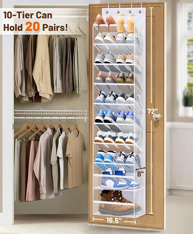 MISSLO 10 Tier Over the Door Shoe Organizer Breathable Mesh Hanging Shoe Rack for Closet Storage Shoe Holder for Door Fit 20 