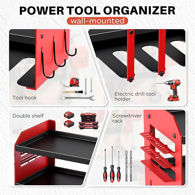 Power Tool Organizer Wall Mount - 120Lbs Load 3 Layers Storage Rack 4 Drill Holders for Drills Cordless Heavy Duty lron Garag
