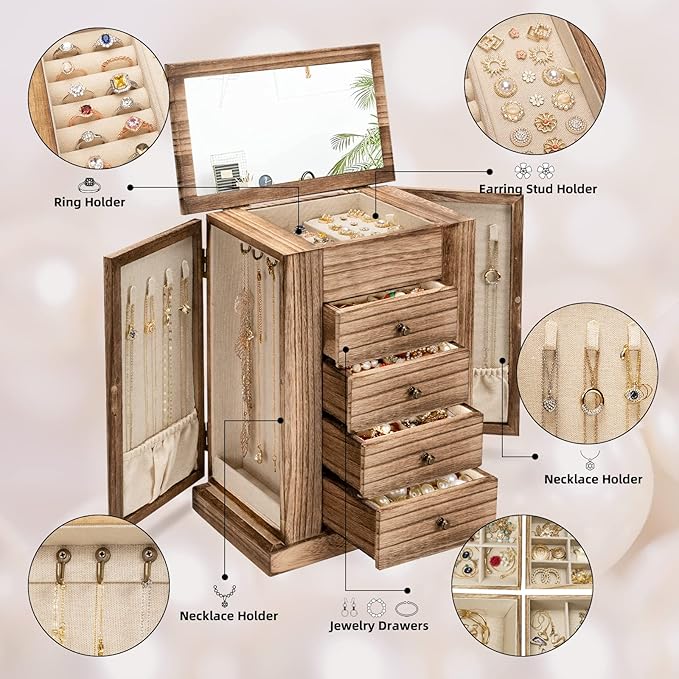 Emfogo Jewelry Box for Women, 5 Layer Large Wood Boxes & Organizers for Necklaces Earrings Rings Bracelets, Rustic Organizer 