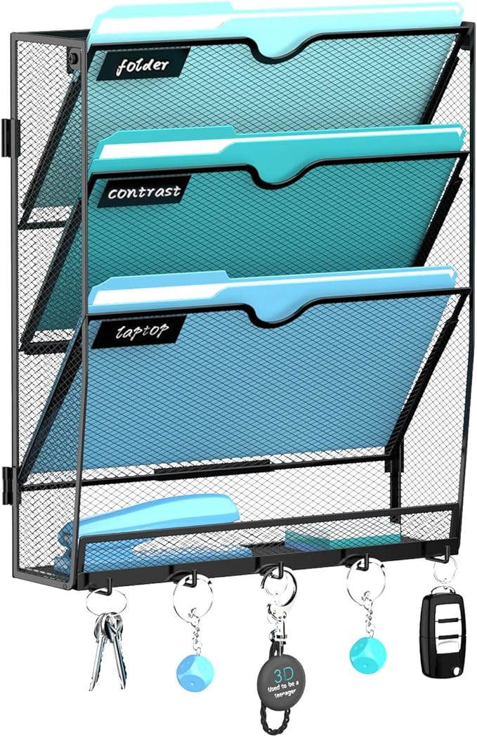 Wall File Organizer - Hanging File Organizer with 5 Hooks, Mail Holder Wall Mounted for Papers, Folders, Magazines, Bills, 4 