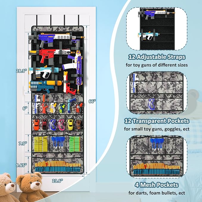Over The Door Organizer for Toy Guns, Toys Organizer with Pockets, Hook&Loop Straps for Foam Blasters, Darts, Goggles, Hangin