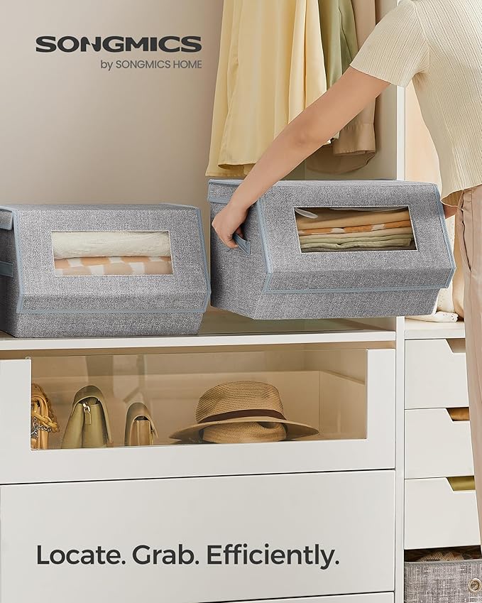 SONGMICS Stackable Storage Bins Set of 2, Storage Boxes with Lids and Front Windows, Non-Woven Fabric Closet Organizers with 