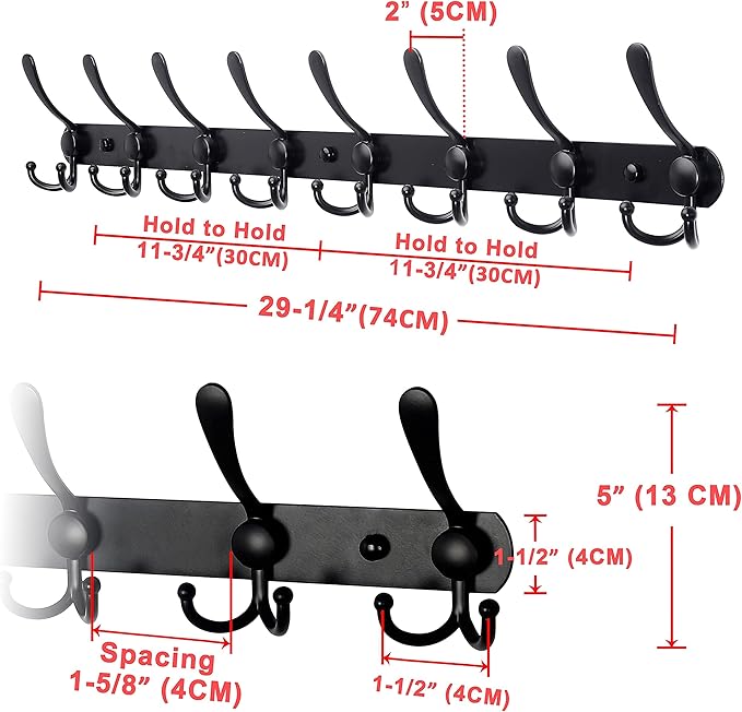 Dseap Coat Rack Wall Mount - 29.5” Long 8-Tri-Hooks Heavy Duty Coat Hanger Rail Wall Hooks for Hanging Coats Hats Clothing Cl