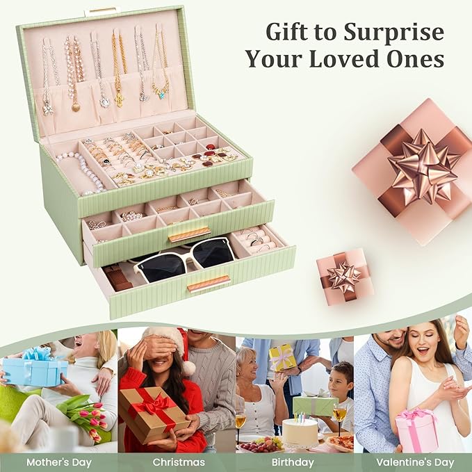 Dajasan Jewelry Box Organizer, 3-Tier Jewelry Storage with 2 Drawers, Large Jewelry Boxes for Women, PU Leather Surface with 