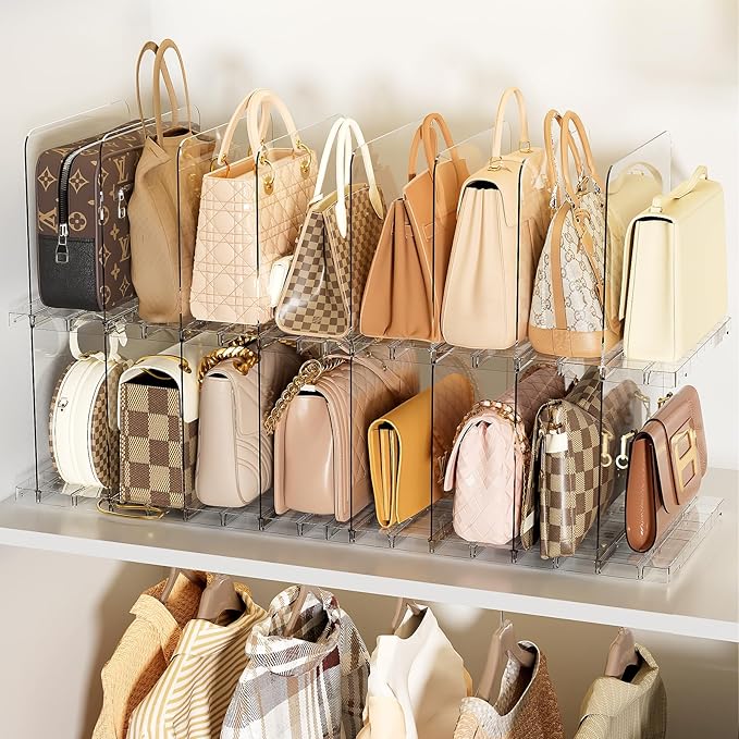 Stackable Bag & Purse Organizer for Closet Shelf Acrylic Shelf Dividers for Closet Organization, Clear Handbag Purse Storage 
