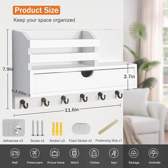 dreampossible Key and Mail Holder for Wall, Mail Organizer Wall Mount with 6 Hooks and Storage Drawer, Wooden Key Rack Hanger