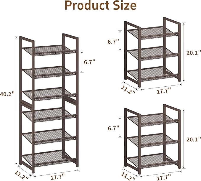 6 Tier Shoe Rack, Stackable Shoe Storage with Mesh Shelves, Holds 12-15 Pairs, Metal Shoe Organizer for Entryway Closet Garag