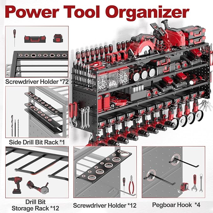 52" W Large Power Tool Organizer Wall Mount -12 Drill Holder for Garage,4 Layer Heavy Duty Power Tool Rack,Tool Organizer Sto