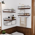 Wood Floating Shelves Wall Mounted - 4+1 Tier Rustic Bathroom Wall Shelves Over Toilet with Wire Storage Basket and Towel Bar