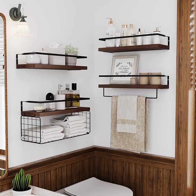 Wood Floating Shelves Wall Mounted - 4+1 Tier Rustic Bathroom Wall Shelves Over Toilet with Wire Storage Basket and Towel Bar