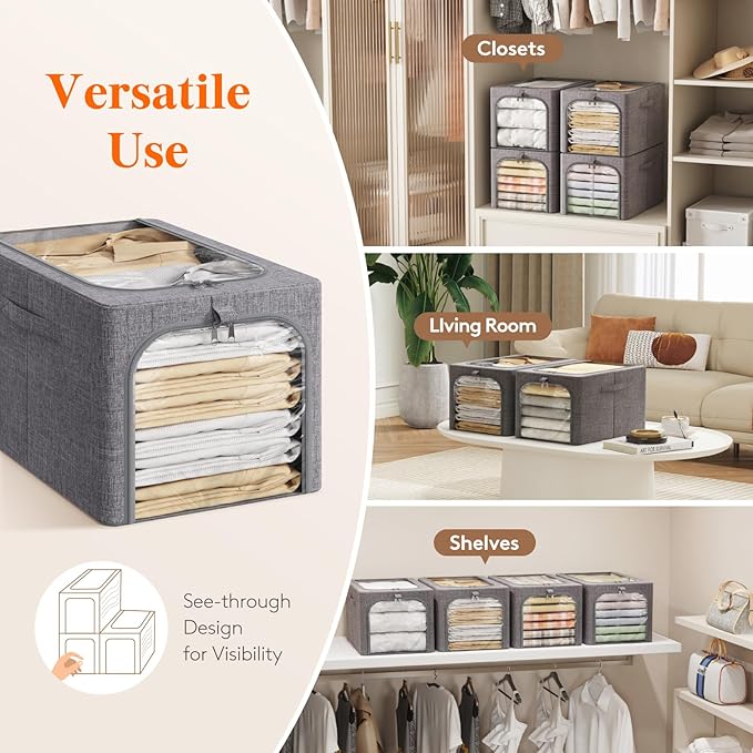 Lifewit Clothes Storage Bins with Metal Frame 4 Pack, Fabric Stackable Storage Bags with Lids, Zipper, Foldable Clost Organiz
