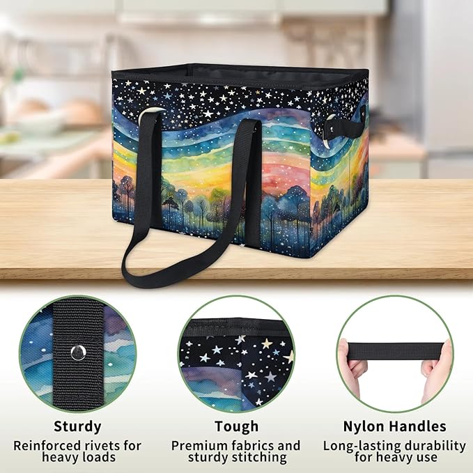 Reusable Grocery Bags Heavy Duty Shopping Bags Foldable Large Tote Bags with Long Handles & Hard Bottom