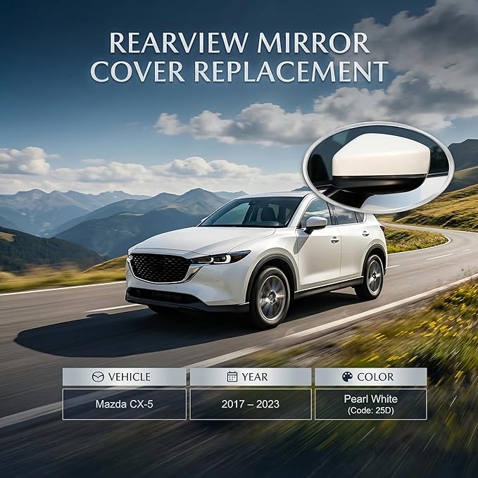 Left Driver Side Mirror Cover Cap Compatible with Mazda CX-5 2017-2023 | Snowflake White Pearl Mica (Code: 25D) - Pearl White | Direct Replacement Door Wing Mirror Housing