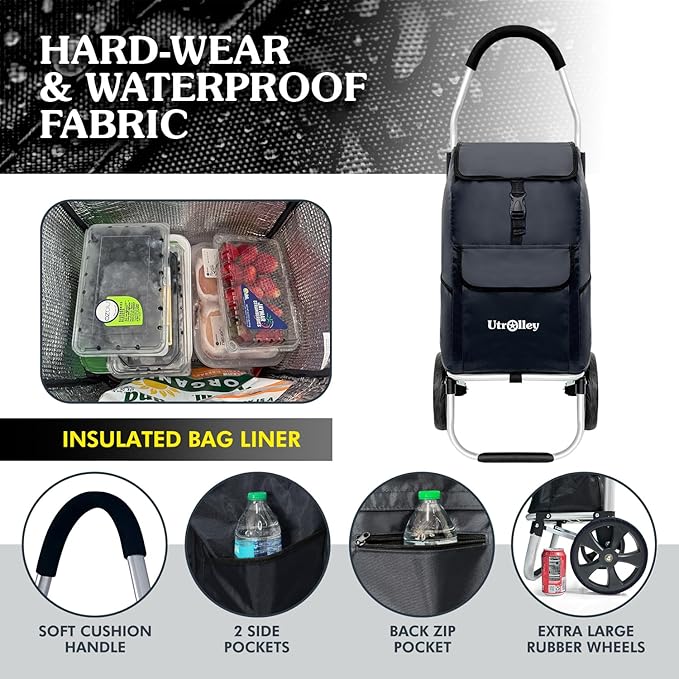Ultra-Lightweight Black Foldable Shopping Cart for Groceries Large 42L Capacity Rubber Wheels, Removable Insulated Bag Liner, Durable Aluminum Frame, Multi-Function Personal Hand Truck
