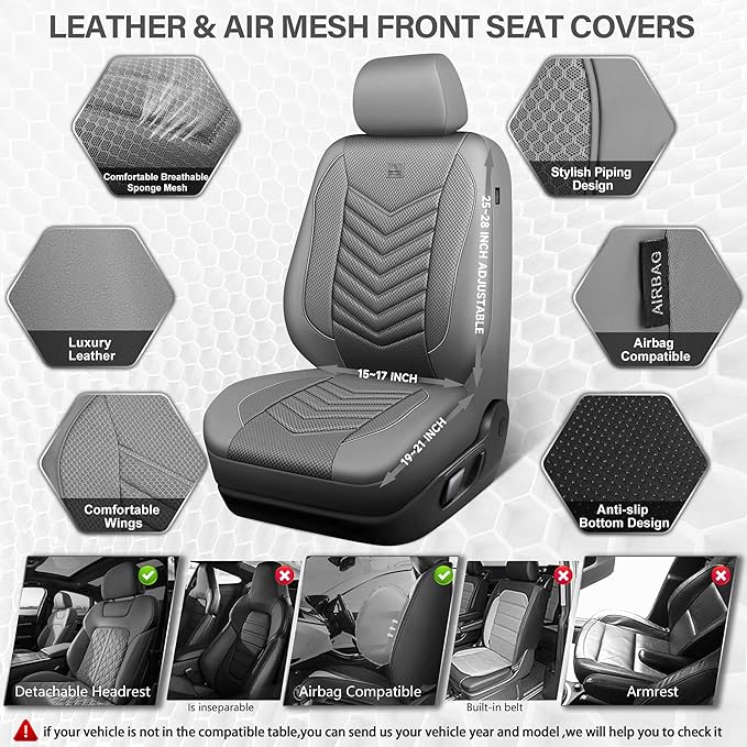 CAR PASS 3D Foam Mesh Leather Car Seat Covers Front Seats, Grey Breathable Front Seat Cover for Cars, Comfortable Universal F
