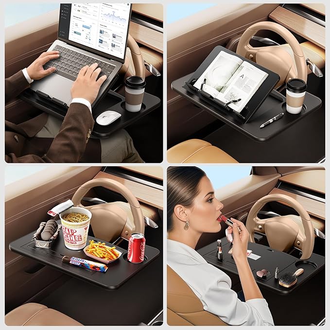 3 in1 Car Steering Wheel Tray Table for Laptop, Height Adjustable Car Table Tray for Driver, Car Food Tray with Drinks Holder,Multipurpose Travel Car Accessories for Long Road Trips-Black