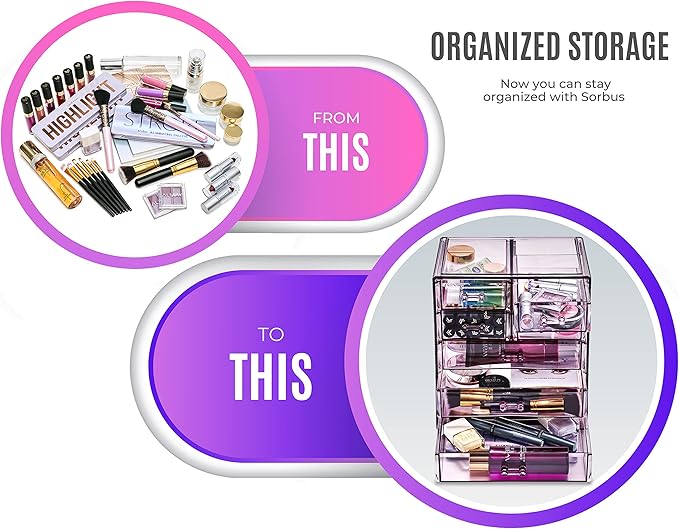 Sorbus Acrylic Makeup Organizer Set, 7-Drawer Vanity & Countertop Cosmetic Storage with Small & Wide Drawers, Purple Makeup S