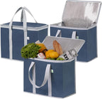 VENO 3 Pack Cooler Bag Insulated Reusable Grocery Shopping Bag, Food Delivery, Heavy Duty, Large Size, Durable Handles, Double Zippers, Lid, Collapsible (Dark Blue, 3 Pack)