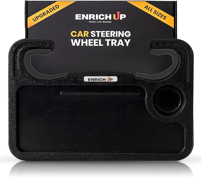 ENRICH UP 2-in-1 Car Steering Wheel Tray - Steering Wheel Desk for Laptop, Multipurpose Car Table for Eating & Work, Adjustable Car Food Tray with Silicone Rings (Black Limited)