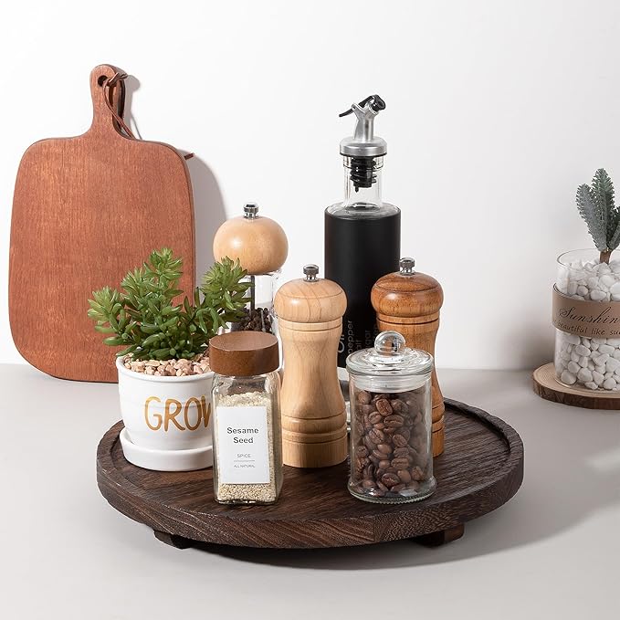 Round Decorative Tray Wood Bathroom Counter Organizer Farmhouse Kitchen Decor Wooden Riser for Soap Dish, Perfume, Candle, Sp