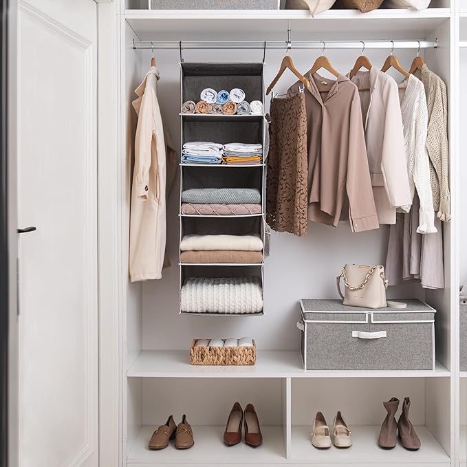 StorageWorks 5-Shelf Hanging Shelves for Closet, Foldable Hanging Closet Organizers with 2 Side Pockets, Portable Clothes Org