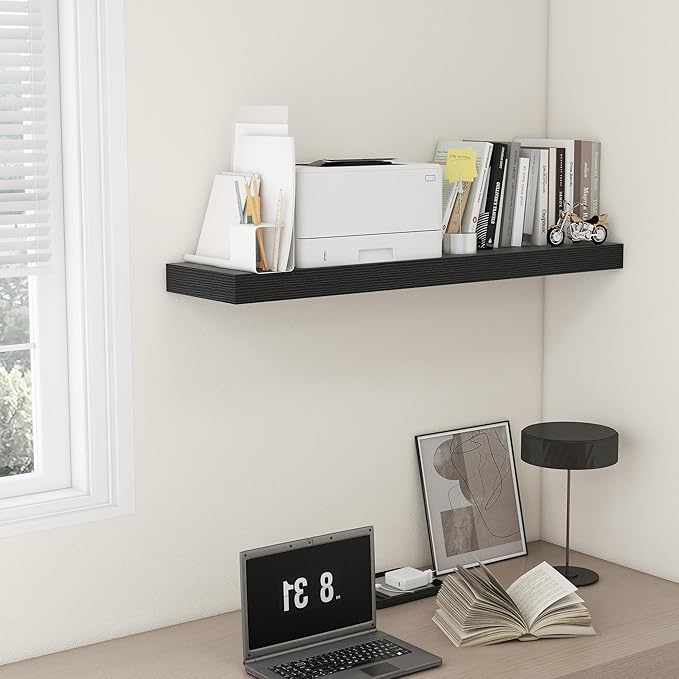 48 Inch Black Floating Shelf | 12 Inch Deep Floating Shelves Set of 1 | 48" D x 12" D Rustic Wood Shelves for Wall | Deep Bla