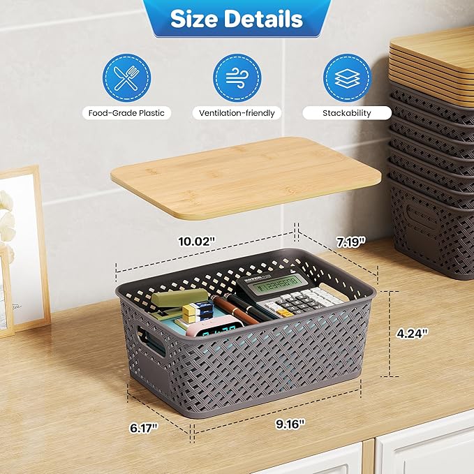 Anysig 8 Packs Plastic Storage Bins with Bamboo Lids - Stackable Storage Bins Decorative Small Basket Containers for Organizi