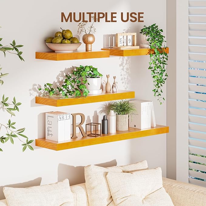 Pine Floating Wall Shelves 24 Inches Long x 8”x 1.4” Wooden Shelf Floating Rustic Farmhouse Decor, Heavy Duty Shelf Hold 60 l