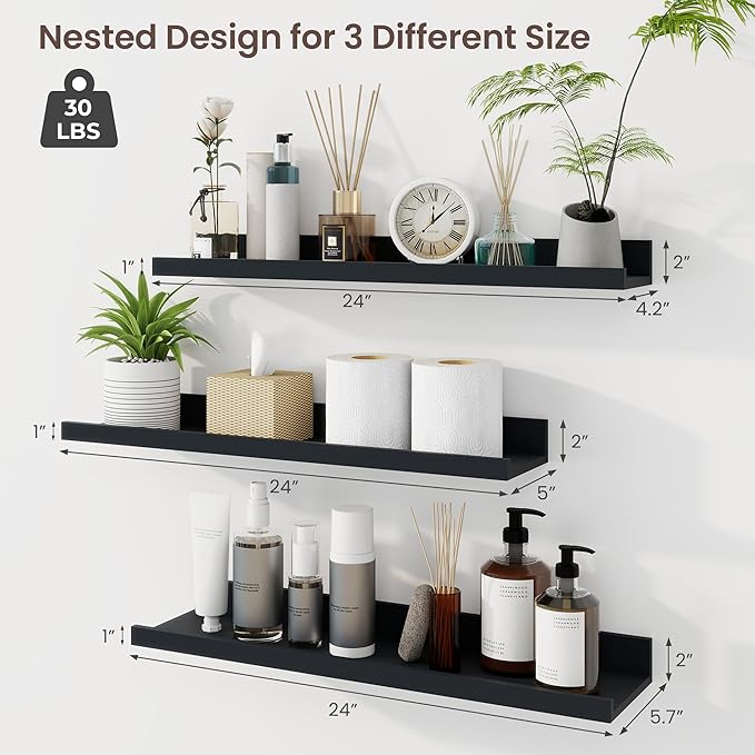 Axeman Picture Ledge Shelf | 24 Inch Black Floating Shelves Set of 3 | Rustic Wood Wall Shelves with Lip | 24" Black Picture 