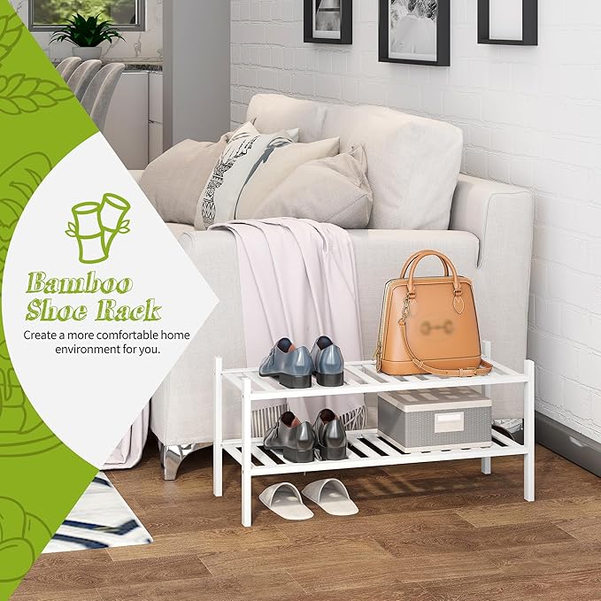 BMOSU 2-Tier Bamboo Shoe Rack Premium Stackable Shoe Shelf Storage Organizer for Hallway Closet Living Room Entryway Organize