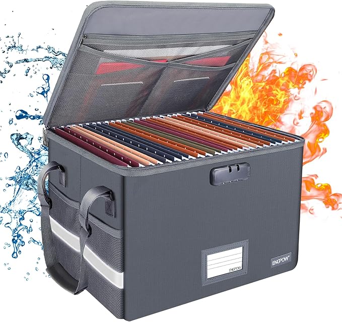 ENGPOW File Box with Lock, Fireproof Document Box with Zipper Lid, Collapsible File Organizer Storage Filing Cabinet with Han