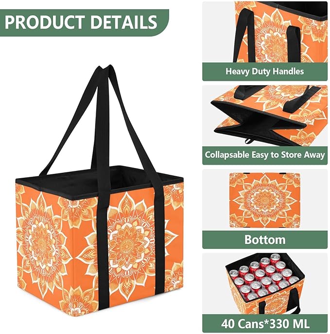 Orange Mandala Reusable Grocery Bags Large Shopping Tote Bag with Reinforced Bottom Board, Water Resistant Foldable Storage B