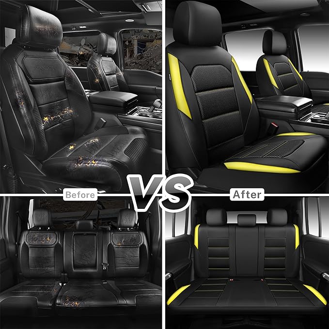CAR PASS Memory 3D Foam Car Seat Covers Full Set, Breathable Mesh Thick Seat Covers for Car, Yellow Leather Seat Covers, Univ