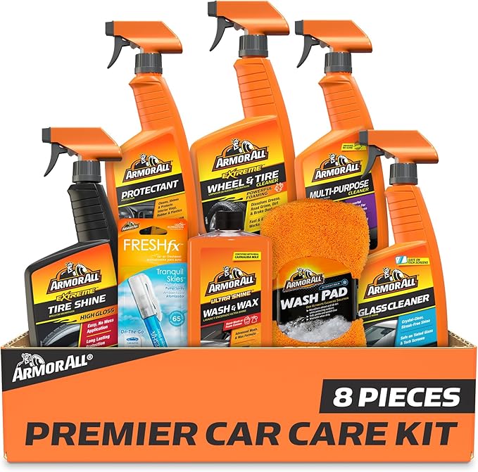 Armor All Premier Car Care Kit, Includes Car Wax & Wash Kit, Glass Cleaner, Car Air Freshener, Tire & Wheel Cleaner (8 Piece 